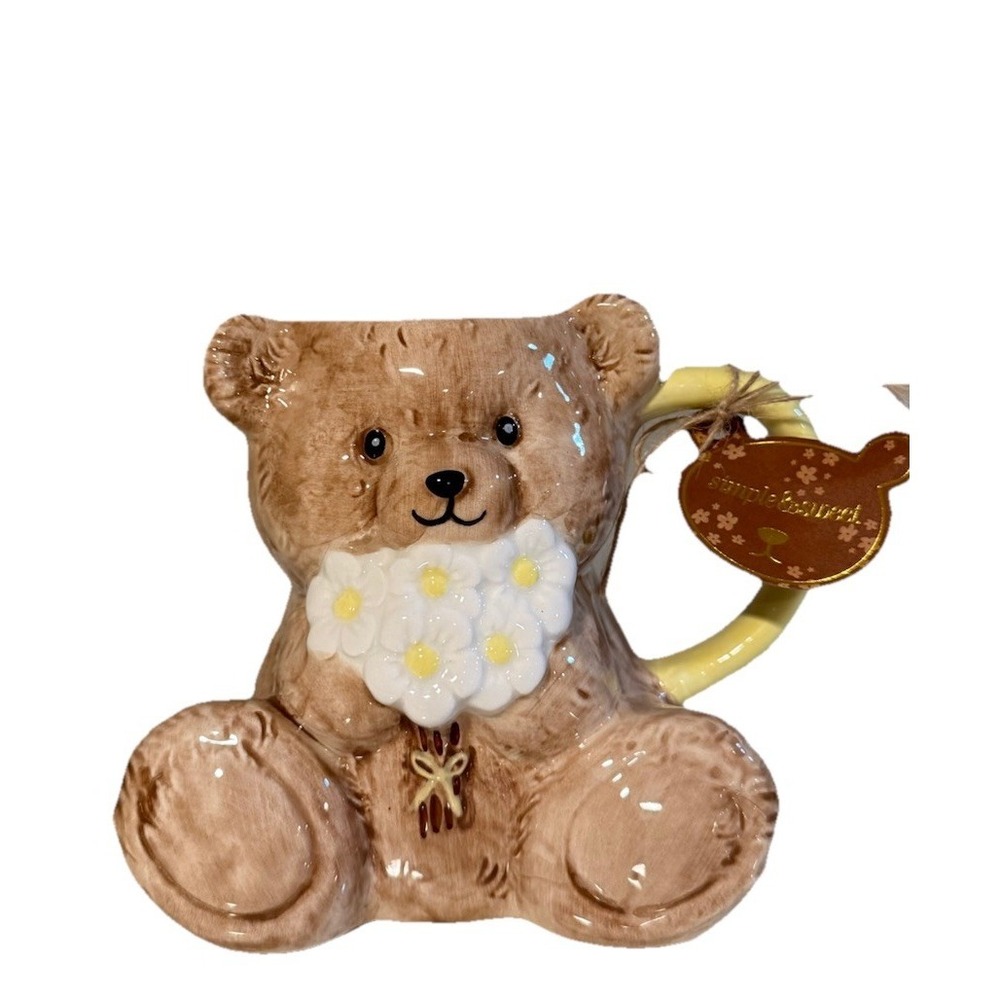 Simple & Sweet Teddy Bear Figural Mug 30oz Brown Ceramic Daisy Flower Oversized